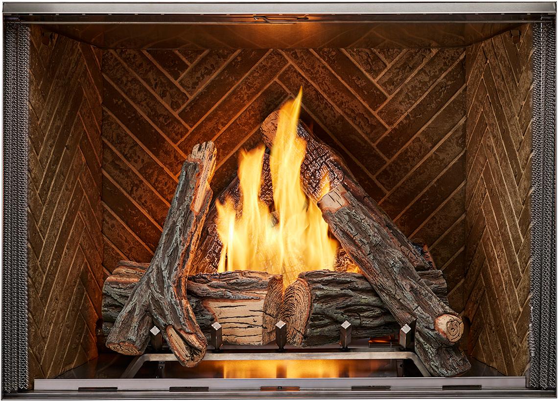 Majestic Courtyard 42 outdoor gas fireplace with high-definition logs