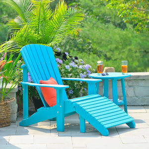 Luxcraft Blue Deluxe Adirondack chair beside a small table