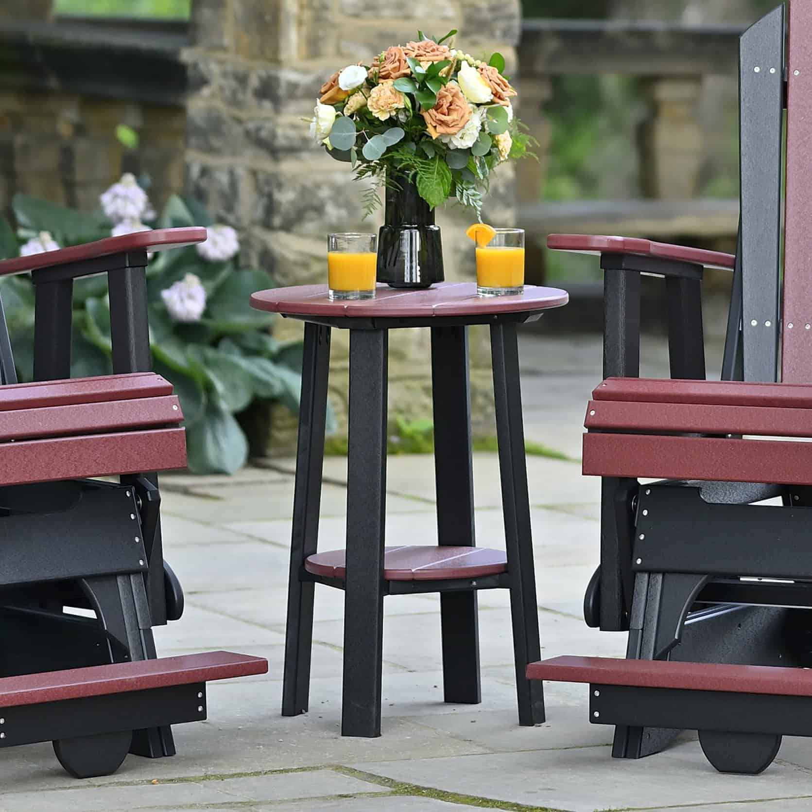 Luxcraft 28-inch Deluxe End Table beside elevated patio chairs