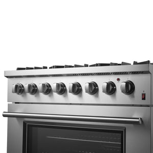Forno Marco 36-Inch Dual Fuel Range FFSGS6197-36 – Stainless Steel – Dual Fuel Range FFSGS6197 36 V1 Angle Right Front Closeup 2024 09 23
