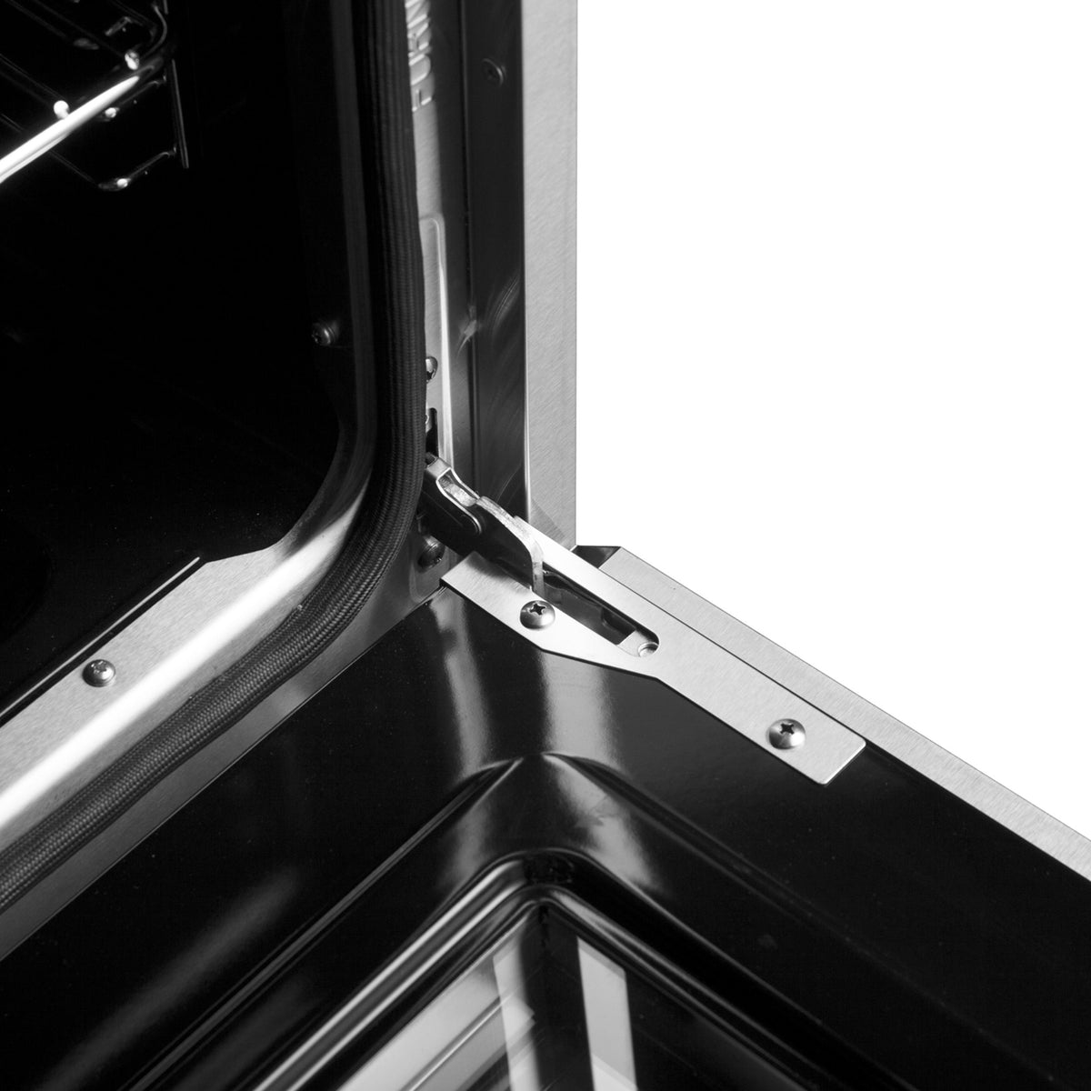 Forno Marco 36-Inch Dual Fuel Range FFSGS6197-36 – Stainless Steel – Dual Fuel Range FFSGS6197 36 V1 Door Hinge Closeup 2024 09 23