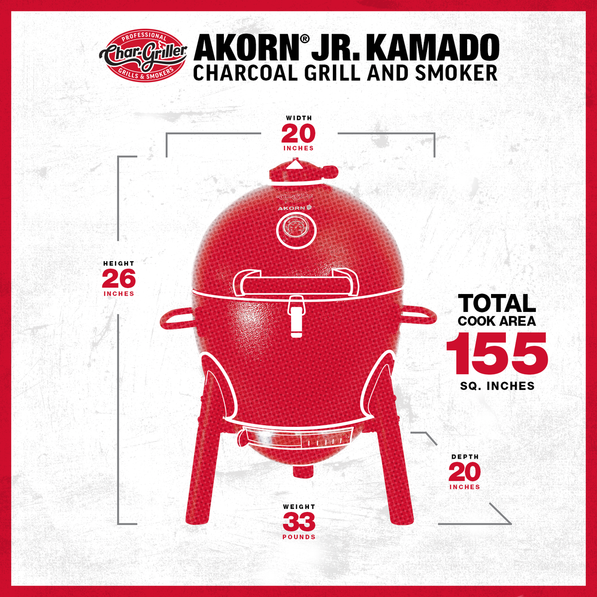Char-Griller AKORN Jr. E86714 size and dimensions chart