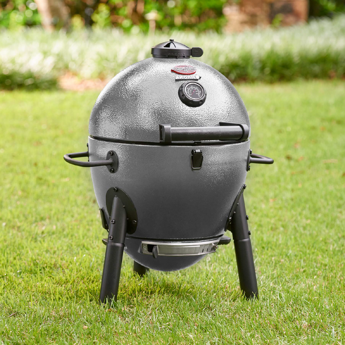 Char-Griller AKORN Jr. E86714 grey kamado grill lifestyle angle view