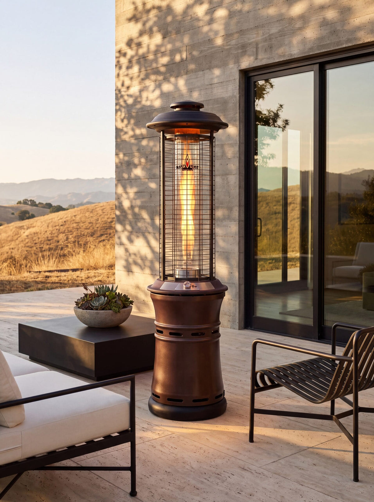 Lava Heat Italia Ember patio heater in Heritage Bronze - outdoor setting