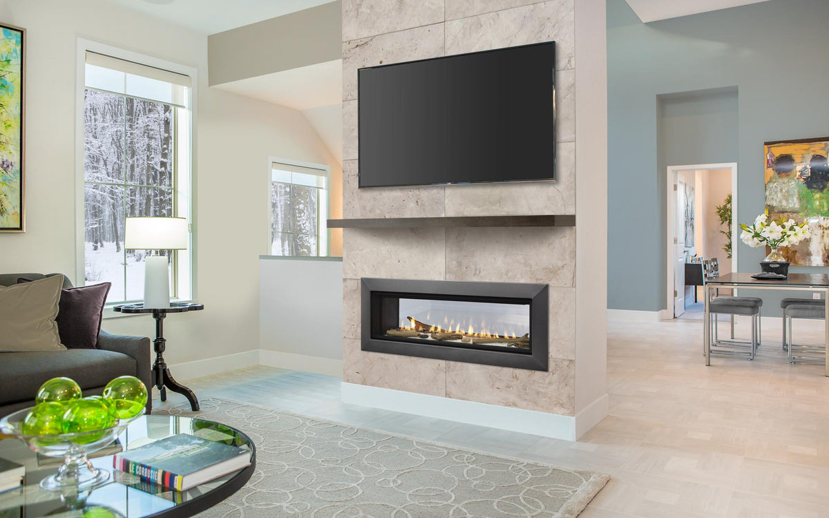 Majestic Echelon II 48 see-through linear gas fireplace in a living room