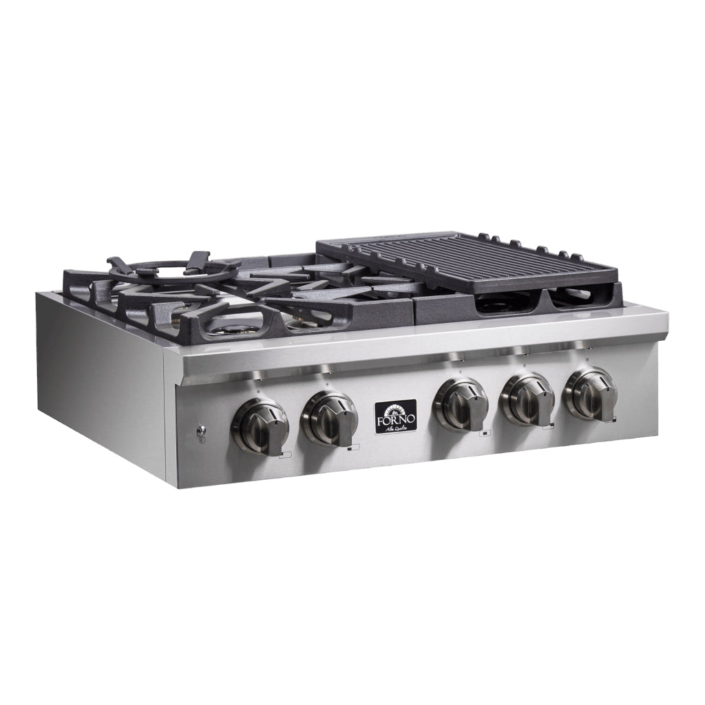 Forno Qualita 30-Inch Gas Rangetop FCTGS5751-30 – Stainless Steel – FCTGS5751 30 Forno Spezia Alta Qualita 30 Pro Style Gas Rangetop angled 1024x1024