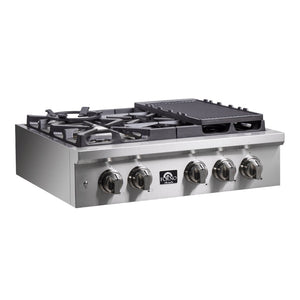 Forno Qualita 30-Inch Gas Rangetop FCTGS5751-30 – Stainless Steel – FCTGS5751 30 Forno Spezia Alta Qualita 30 Pro Style Gas Rangetop angled 1024x1024