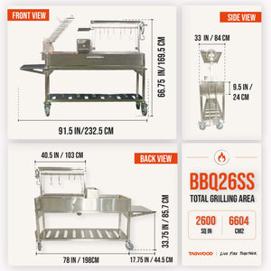 Tagwood BBQ26SS built-in Argentine grill dimensions graphic