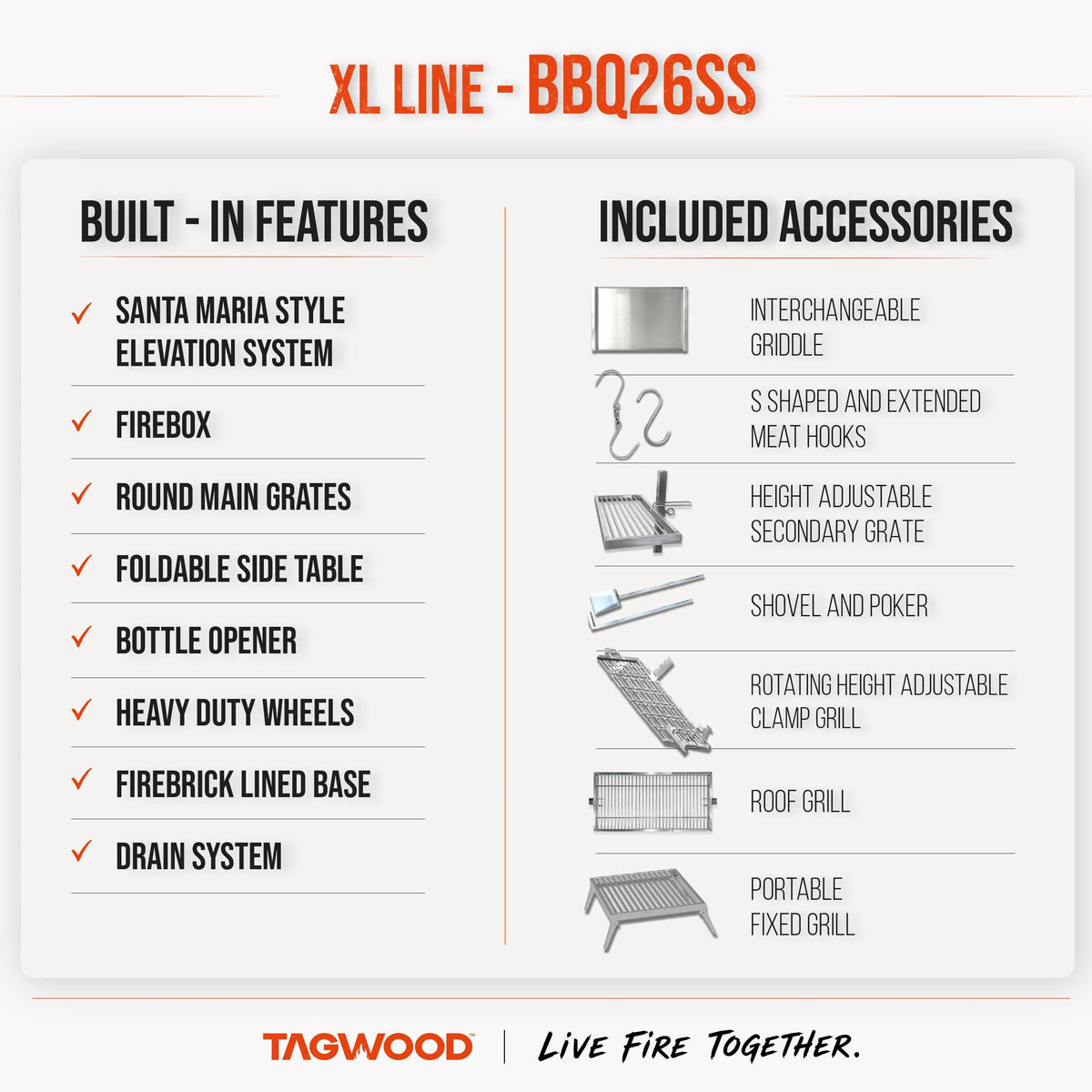 Tagwood BBQ26SS built-in Argentine grill dimensions and features graphic