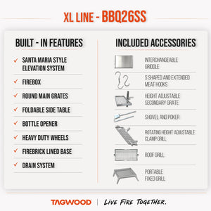 Tagwood BBQ26SS built-in Argentine grill dimensions and features graphic