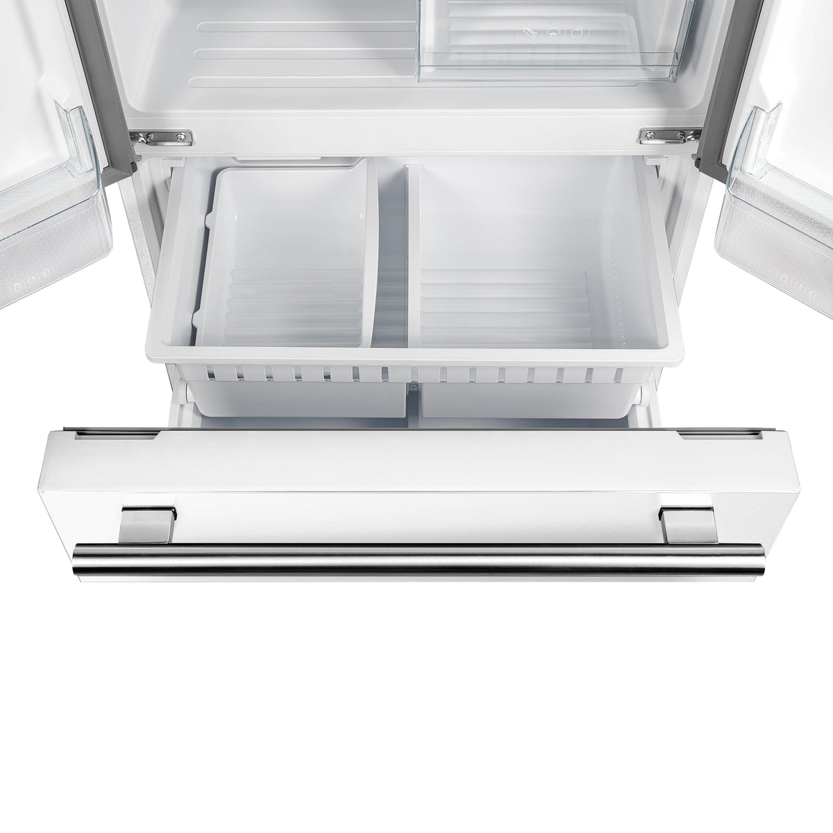 Forno Gallipoli 30-Inch French Door Refrigerator FFFFD1974-31 – White – FFFFD1974 31WHT French Doors Refrigerator Front Bottom Freezer Open