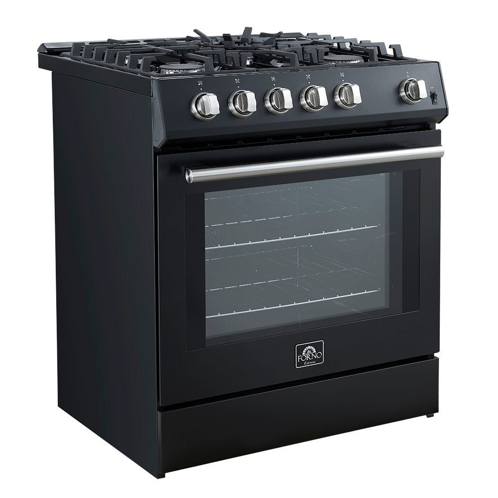 Forno Leonardo 30-Inch Gas Range FFSGS1116-30 – Black – FFSGS1116 30BLK 30inch Slide in Gas Range Angle Close Door SS