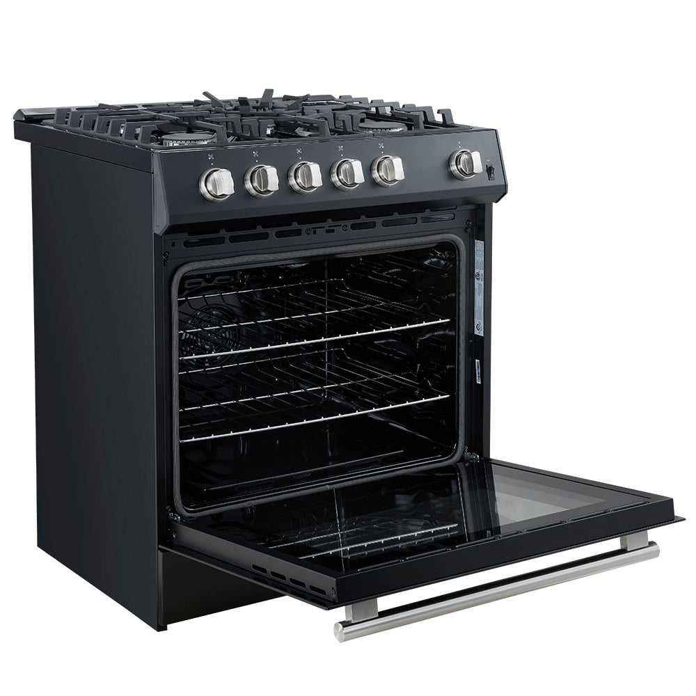 Forno Leonardo 30-Inch Gas Range FFSGS1116-30 – Black – FFSGS1116 30BLK 30inch Slide in Gas Range Angle Open Door SS