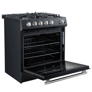 Forno Leonardo 30-Inch Gas Range FFSGS1116-30 – Black – FFSGS1116 30BLK 30inch Slide in Gas Range Angle Open Door SS