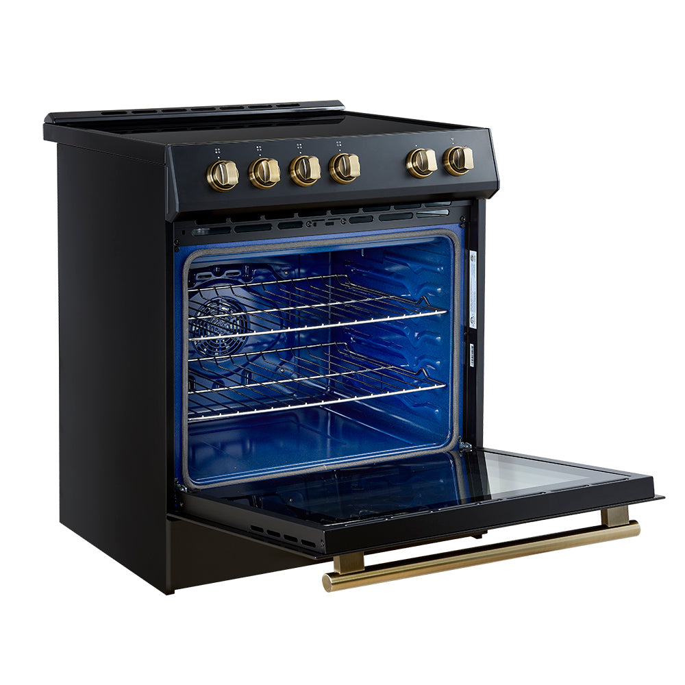 Forno Kitchen Appliance Package FBDL-014-14CAUS – Stainless Steel – FFSIN0982 30BLK Leonardo 30 inc Induction Range Black Angle Open AB