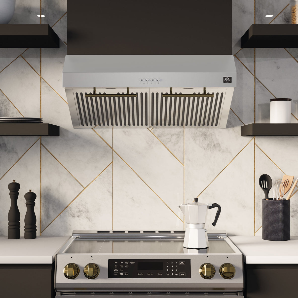 Forno Kitchen Appliance Package FBDL-006-01US – Stainless Steel – FRHUC5255 30 forno espresso range hood lifestyle