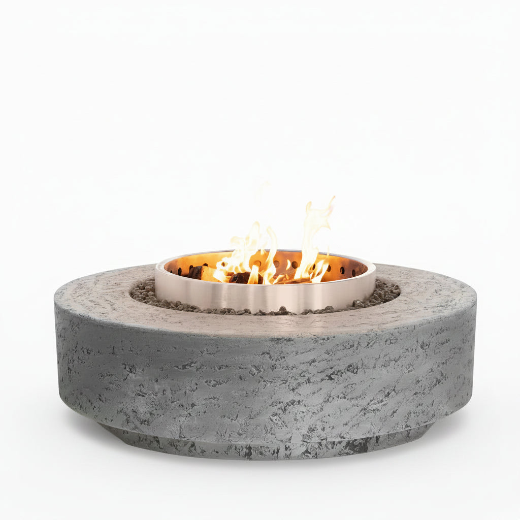 The Outdoor Plus Artemis Smokeless Fire Pit with GFRC concrete top and Corten steel base