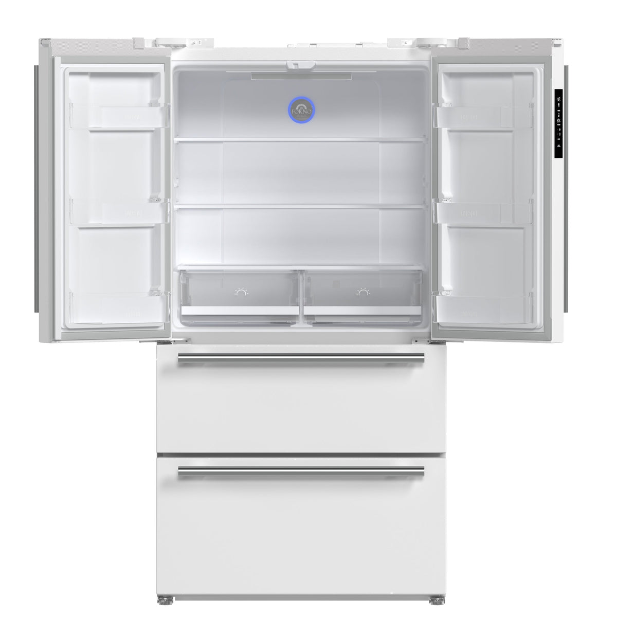 Forno Kitchen Appliance Package FBDL-003-09US – Stainless Steel – Fridge FFRBI1820 36WHT 2024 09 Front Open