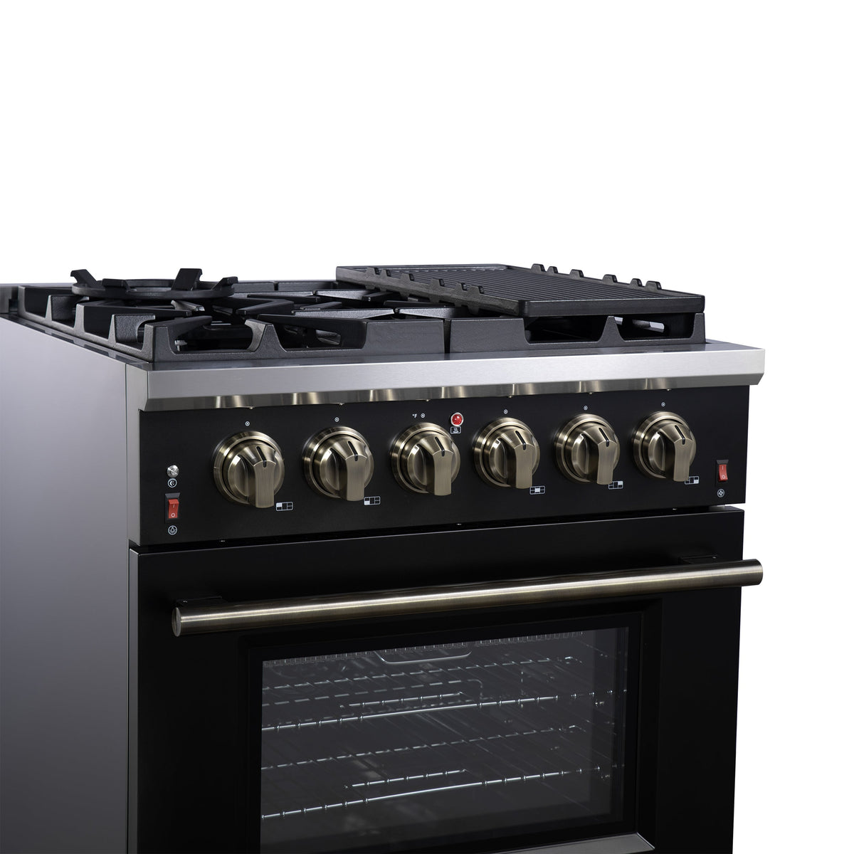 Forno Massimo 30-Inch Gas Range FFSGS6239-30 – Black – Gas Range FFSGS6239 30BLK Left Angle Close Up 2025 07 25