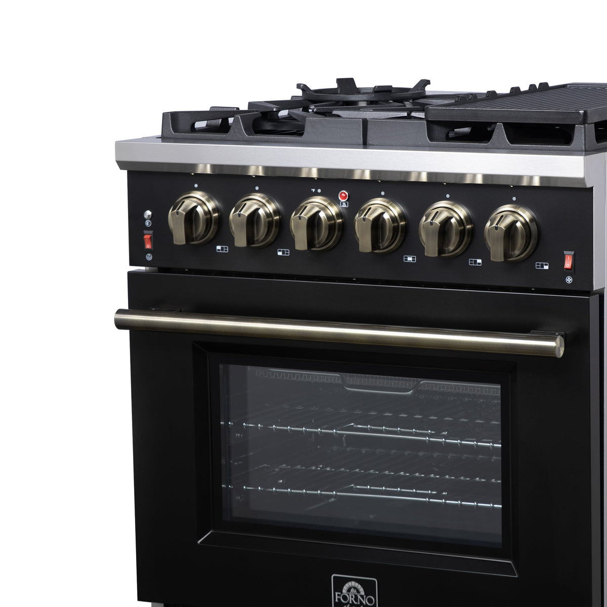 Forno Massimo 30-Inch Gas Range FFSGS6239-30 – Black – Gas Range FFSGS6239 30BLK Right Angle Close Up 2025 07 25
