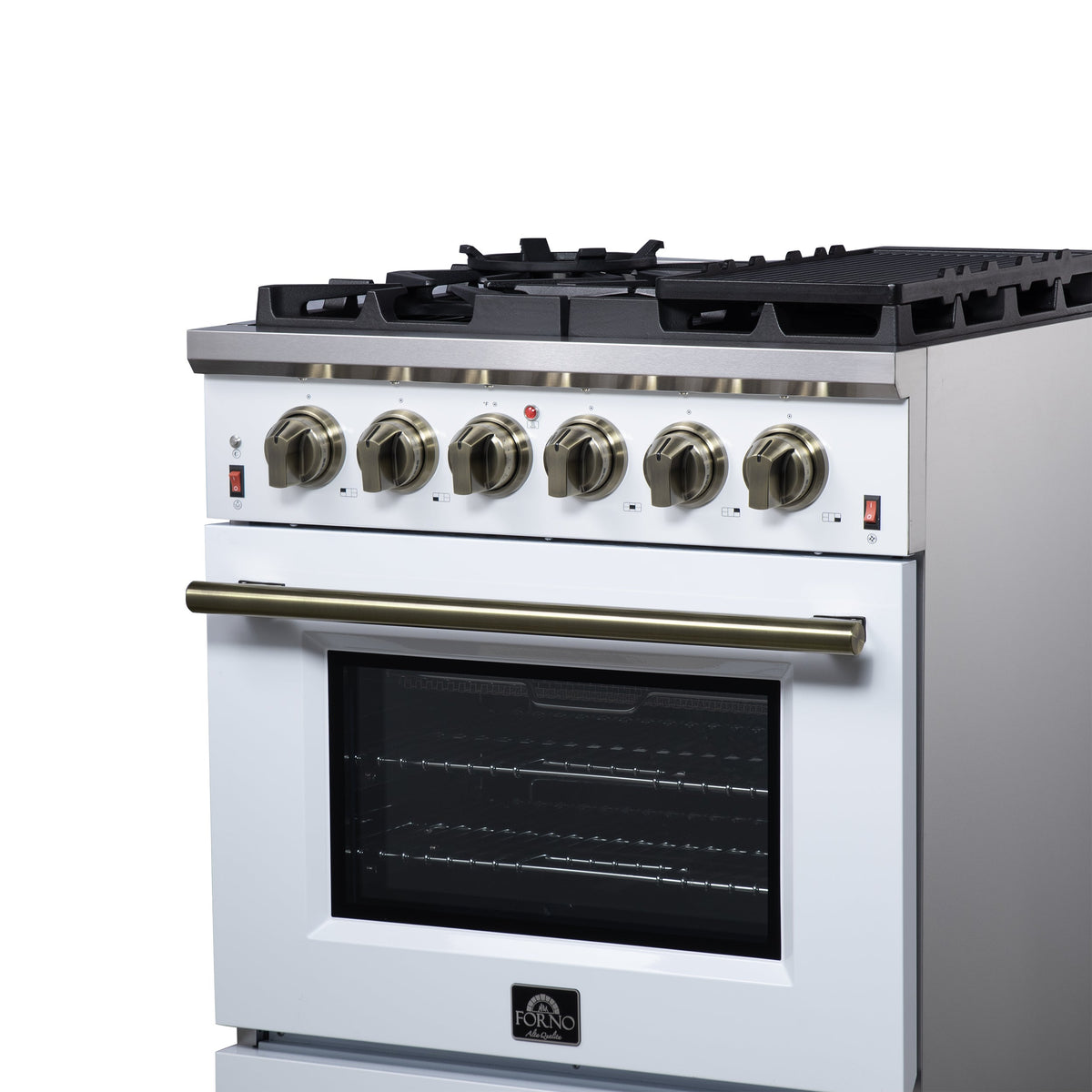 Forno Massimo 30-Inch Gas Range FFSGS6239-30 – White – Gas Range FFSGS6239 30WHT Right Angle Close up 2025 07 25