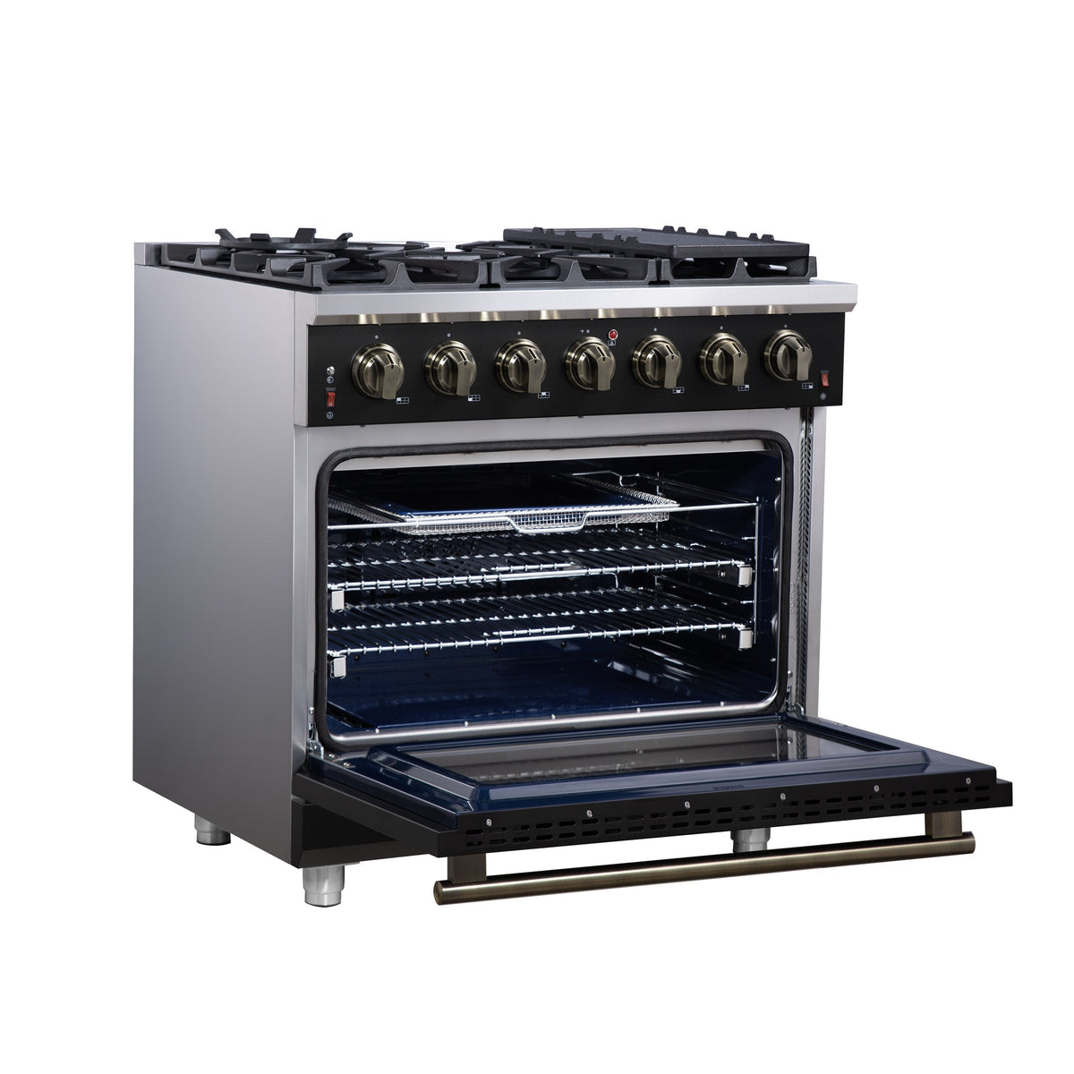 Forno Massimo 36-Inch Gas Range FFSGS6239-36 – Black – Gas Range FFSGS6239 36BLK Left Angle Opened 2025 07 25