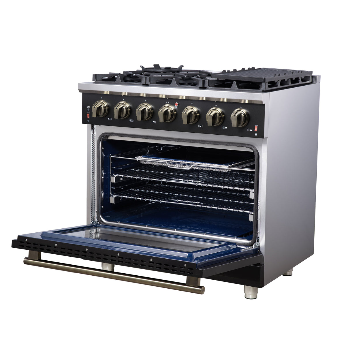Forno Massimo 36-Inch Gas Range FFSGS6239-36 – Black – Gas Range FFSGS6239 36BLK Right Angle Opened 2025 07 25