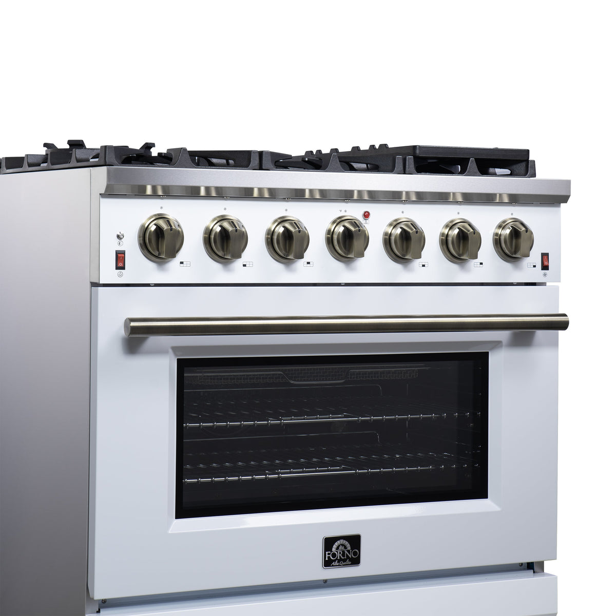 Forno Massimo 36-Inch Gas Range FFSGS6239-36 – White – Gas Range FFSGS6239 36WHT Left Angle Close up 2 2025 07 25