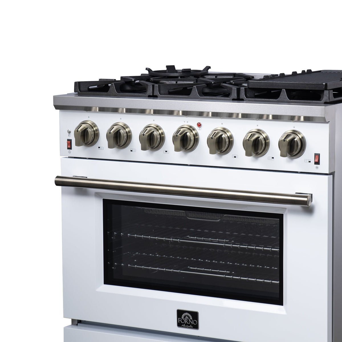 Forno Massimo 36-Inch Gas Range FFSGS6239-36 – White – Gas Range FFSGS6239 36WHT Right Angle Close up 2025 07 25