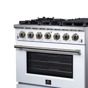 Forno Massimo 36-Inch Gas Range FFSGS6239-36 – White – Gas Range FFSGS6239 36WHT Right Angle Close up 2025 07 25