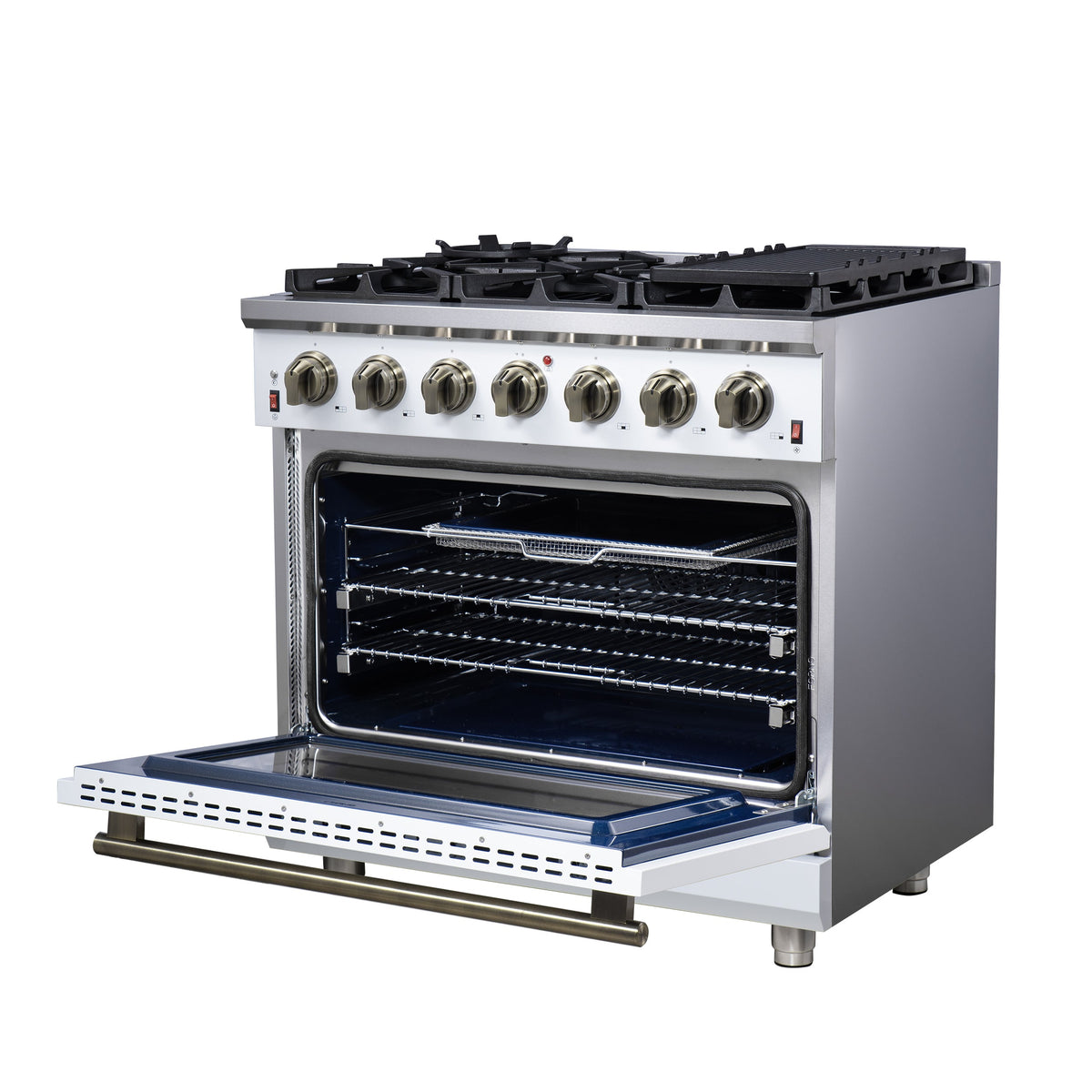 Forno Massimo 36-Inch Gas Range FFSGS6239-36 – White – Gas Range FFSGS6239 36WHT Right Angle Opened 2025 07 25