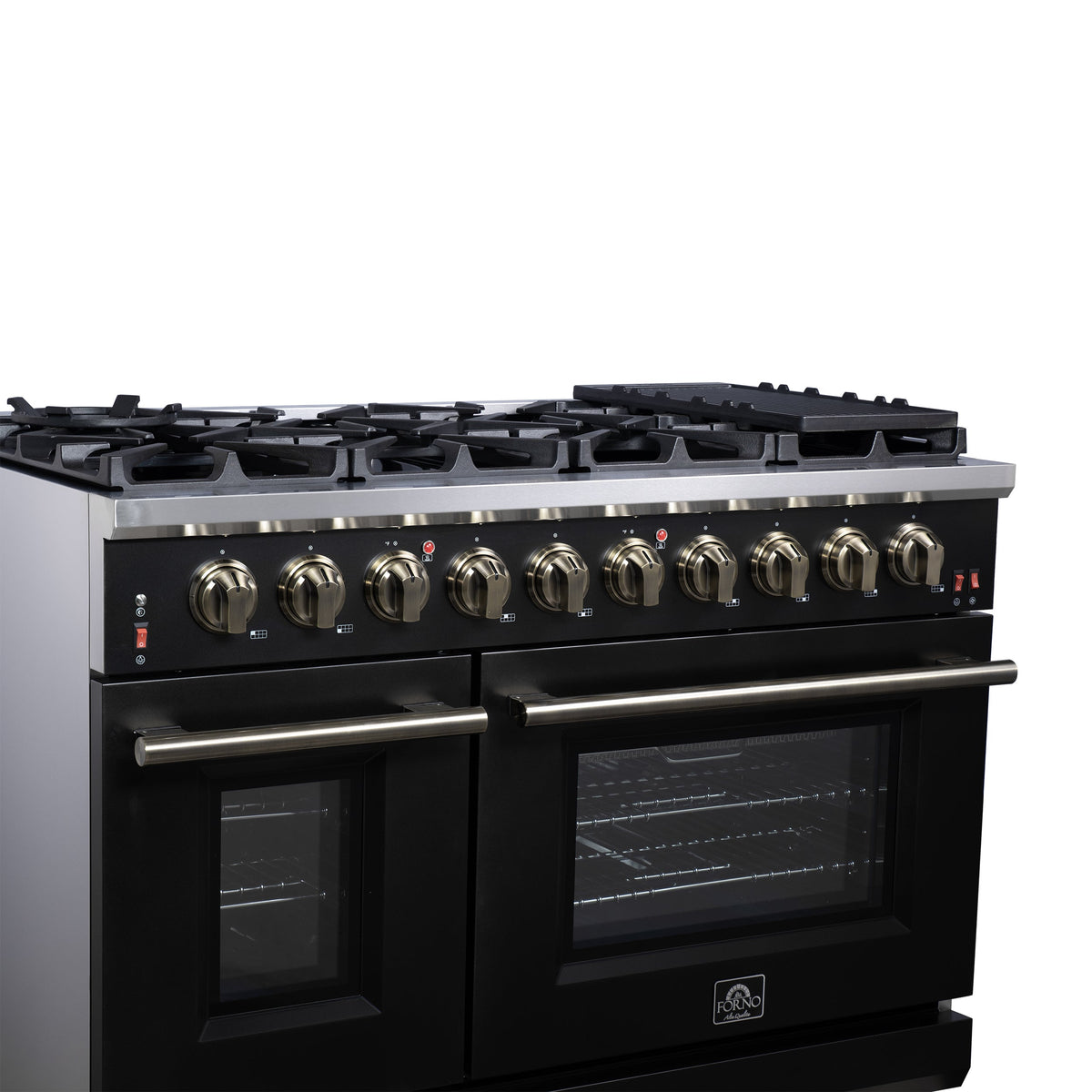 Forno Massimo 48-Inch Gas Range FFSGS6239-48 – Black – Gas Range FFSGS6239 48BLK Left Angle Close Up 2025 07 25