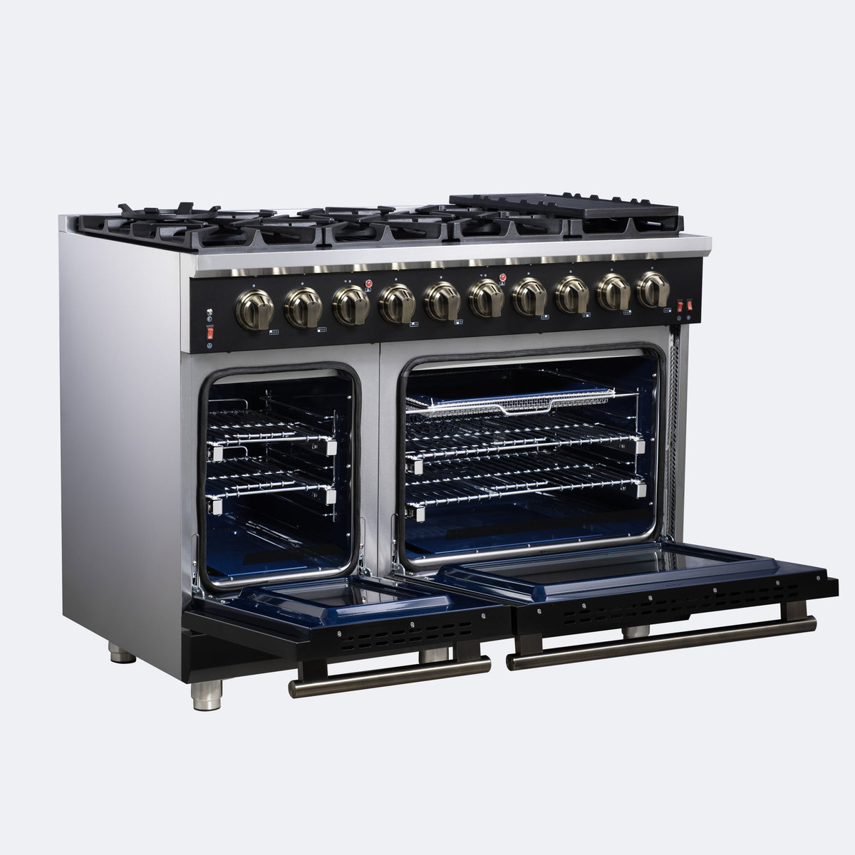 Forno Massimo 48-Inch Gas Range FFSGS6239-48 – Black – Gas Range FFSGS6239 48BLK Left Angle Opened 2025 07 25