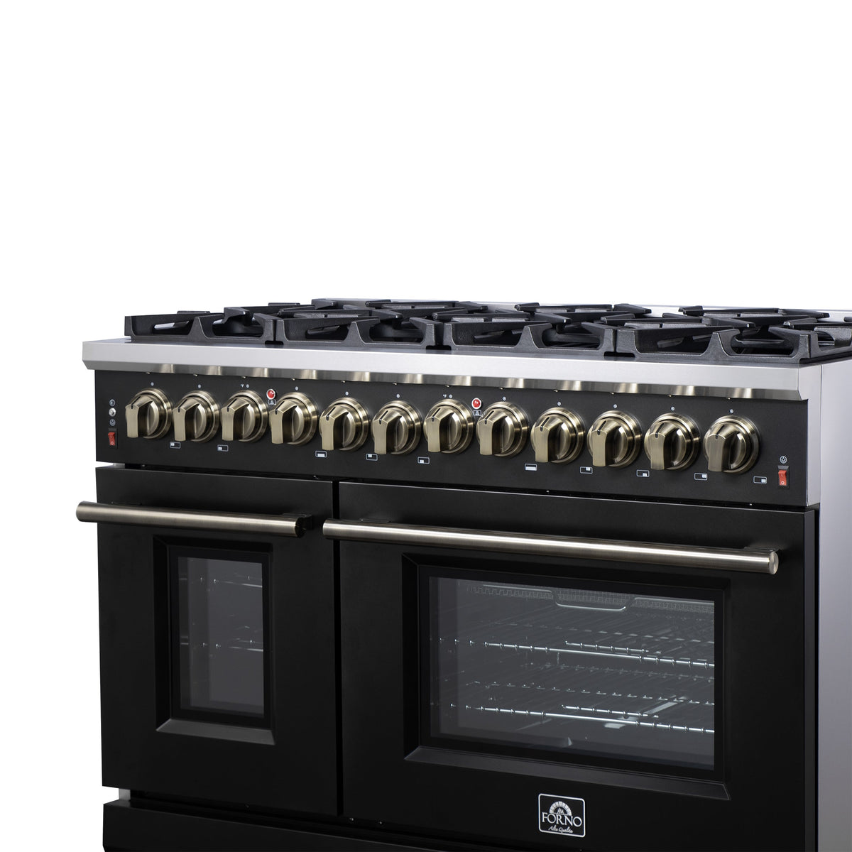 Forno Massimo 48-Inch Gas Range FFSGS6239-48 – Black – Gas Range FFSGS6239 48BLK Right Angle Close Up 2025 07 25