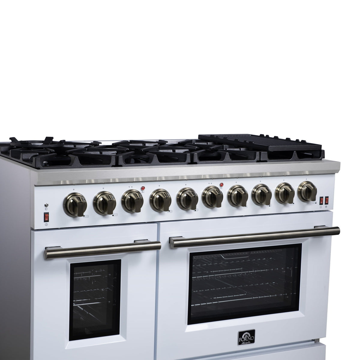 Forno Massimo 48-Inch Gas Range FFSGS6239-48 – White – Gas Range FFSGS6239 48WHT Left Angle Close Up 2025 07 25