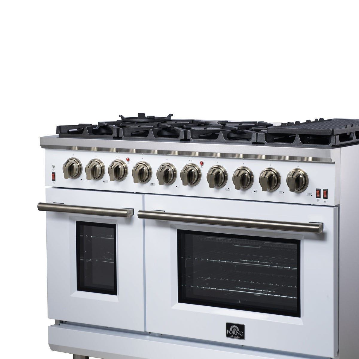 Forno Massimo 48-Inch Gas Range FFSGS6239-48 – White – Gas Range FFSGS6239 48WHT Right Angle Close Up 2025 07 25
