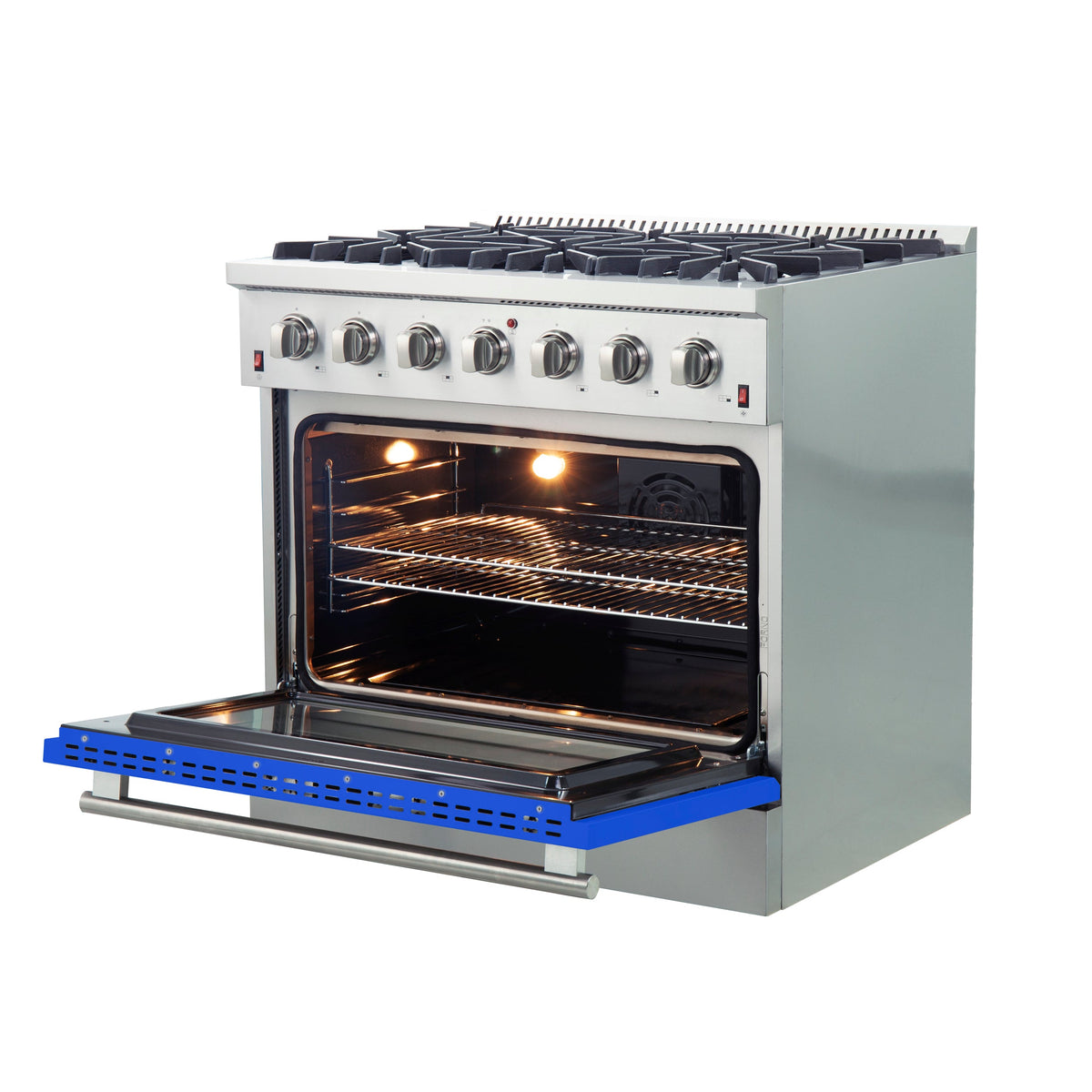 Forno Galiano 36-Inch Gas Range FFSGS6244-36BLU – Stainless Steel – Gas Range FFSGS6244 36BLU angle open blue door 2025 10 17