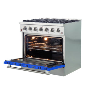 Forno Galiano 36-Inch Gas Range FFSGS6244-36BLU – Stainless Steel – Gas Range FFSGS6244 36BLU angle open blue door 2025 10 17