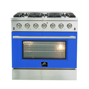 Forno Galiano 36-Inch Gas Range FFSGS6244-36BLU – Stainless Steel – Gas Range FFSGS6244 36BLU front blue door 2025 10 17
