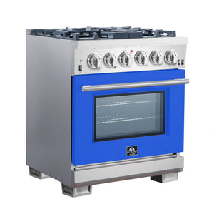 Forno Capriasca 30-Inch Gas Range FFSGS6260-30BLU – Stainless Steel – Gas Range FFSGS6260 30BLU angle blue door 2025 10 16