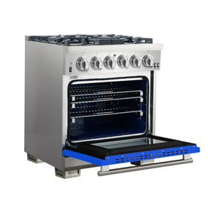 Forno Capriasca 30-Inch Gas Range FFSGS6260-30BLU – Stainless Steel – Gas Range FFSGS6260 30BLU angle open blue door 2025 10 16