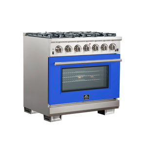Forno Capriasca 36-Inch Gas Range FFSGS6260-36BLU – Stainless Steel – Gas Range FFSGS6260 36BLU angle blue door 2025 10 17