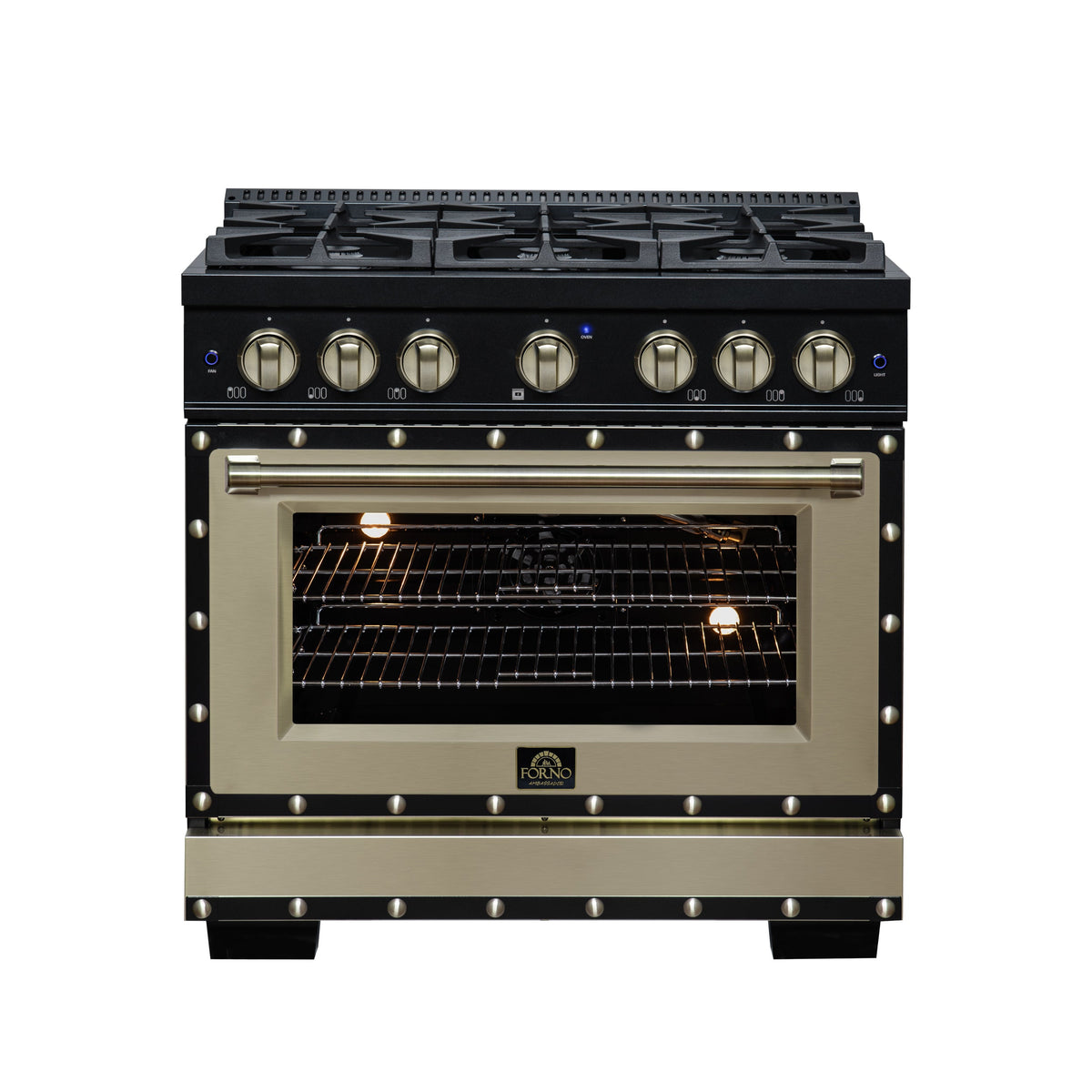 Forno Ambassador 36-Inch Gas Range FFSGS6299-36CPBLK – Black – Gas Range FFSGS6299 36CPBLK Front Light On 2026 05 01