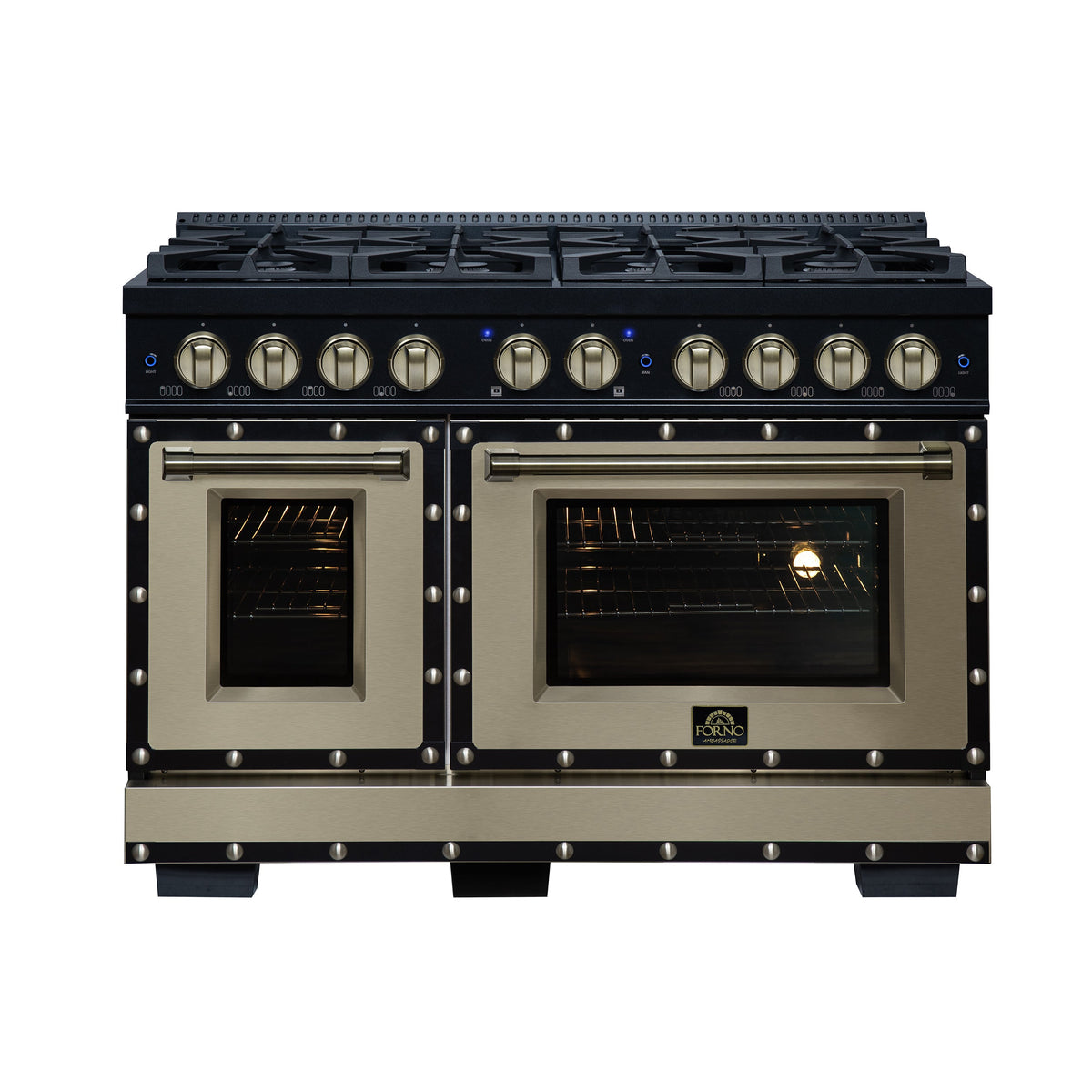 Forno Ambassador 48-Inch Gas Range FFSGS6299-48CPBLK – Black – Gas Range FFSGS6299 48CPBLK Front Lights On 2026 05 01