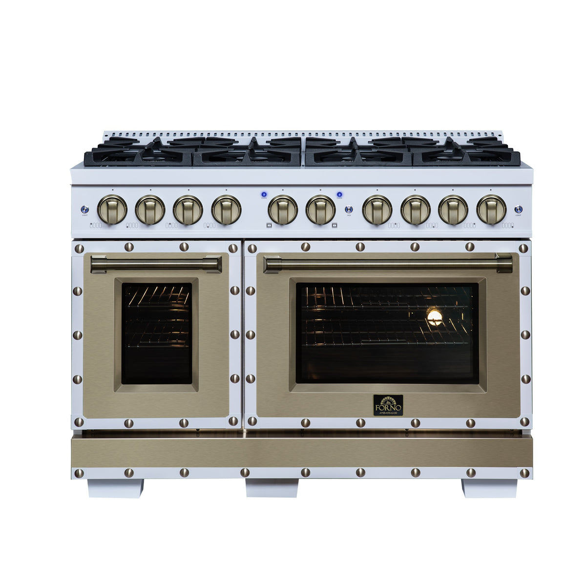 Forno Ambassador 48-Inch Gas Range FFSGS6299-48CPWHT – White – Gas Range FFSGS6299 48CPWHT Front Lights On 2026 05 01