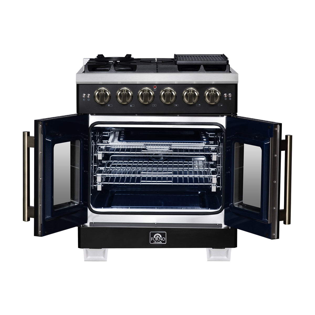 Forno Capriasca 30-Inch Gas Range FFSGS6460-30 – Black – Gas Range FFSGS6460 30BLK Front Opened 2025 08 04