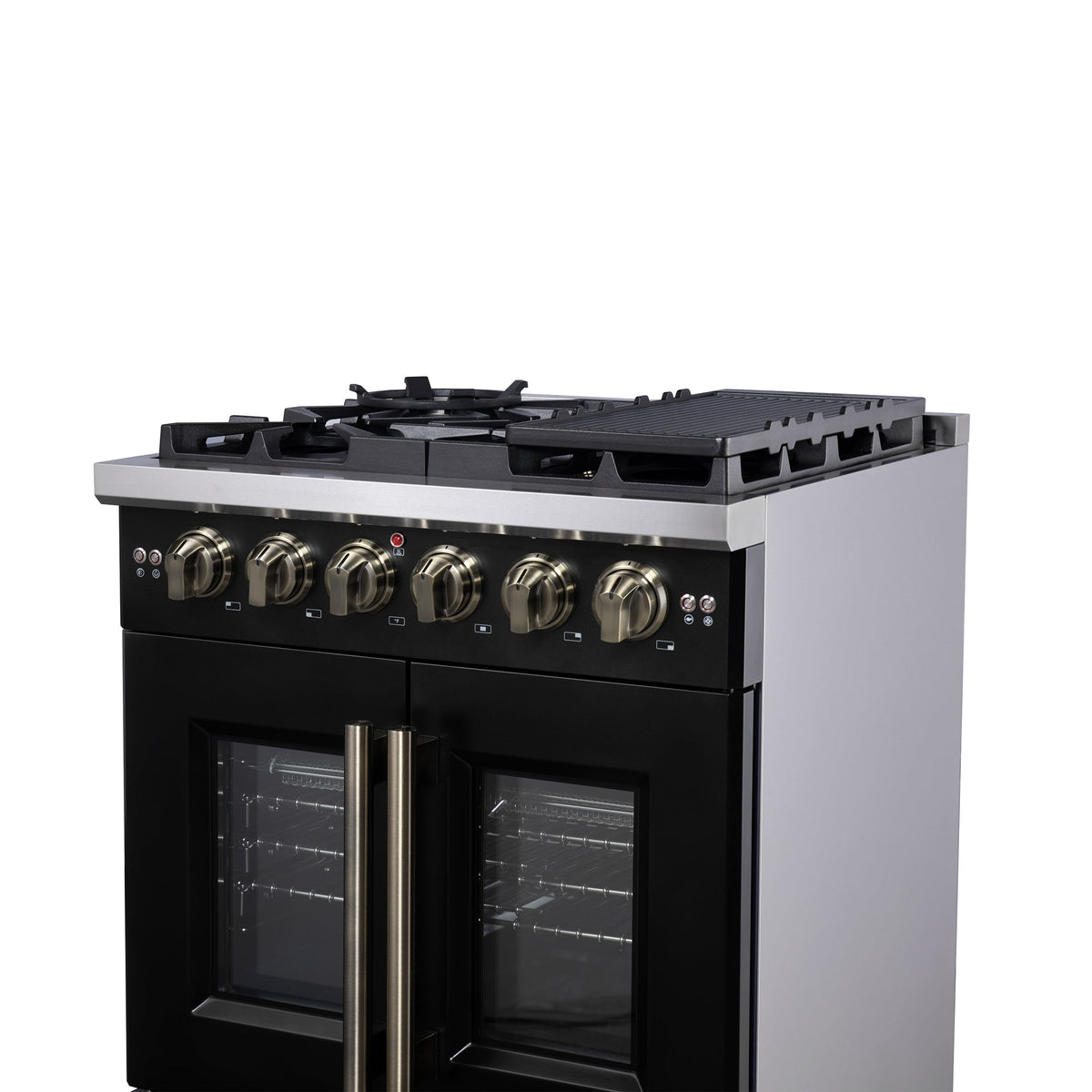 Forno Capriasca 30-Inch Gas Range FFSGS6460-30 – Black – Gas Range FFSGS6460 30BLK Right Angle Close Up 2025 08 04