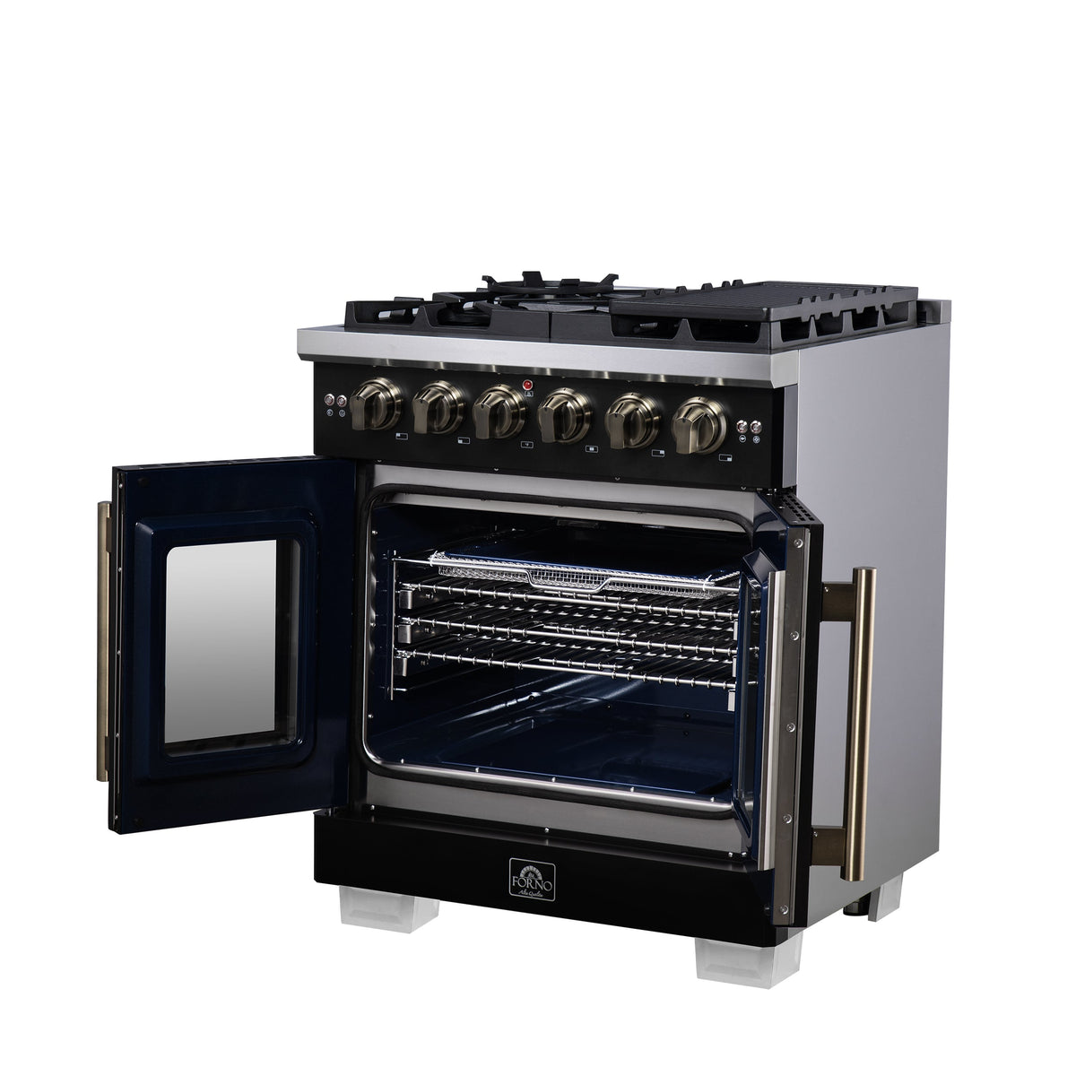 Forno Capriasca 30-Inch Gas Range FFSGS6460-30 – Black – Gas Range FFSGS6460 30BLK Right Angle Opened 2025 08 04