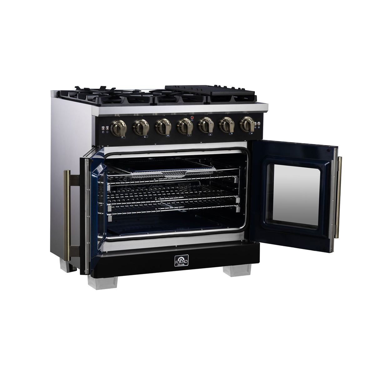 Forno Capriasca 36-Inch Gas Range FFSGS6460-36 – Black – Gas Range FFSGS6460 36BLK Left Side Opened 2025 08 04