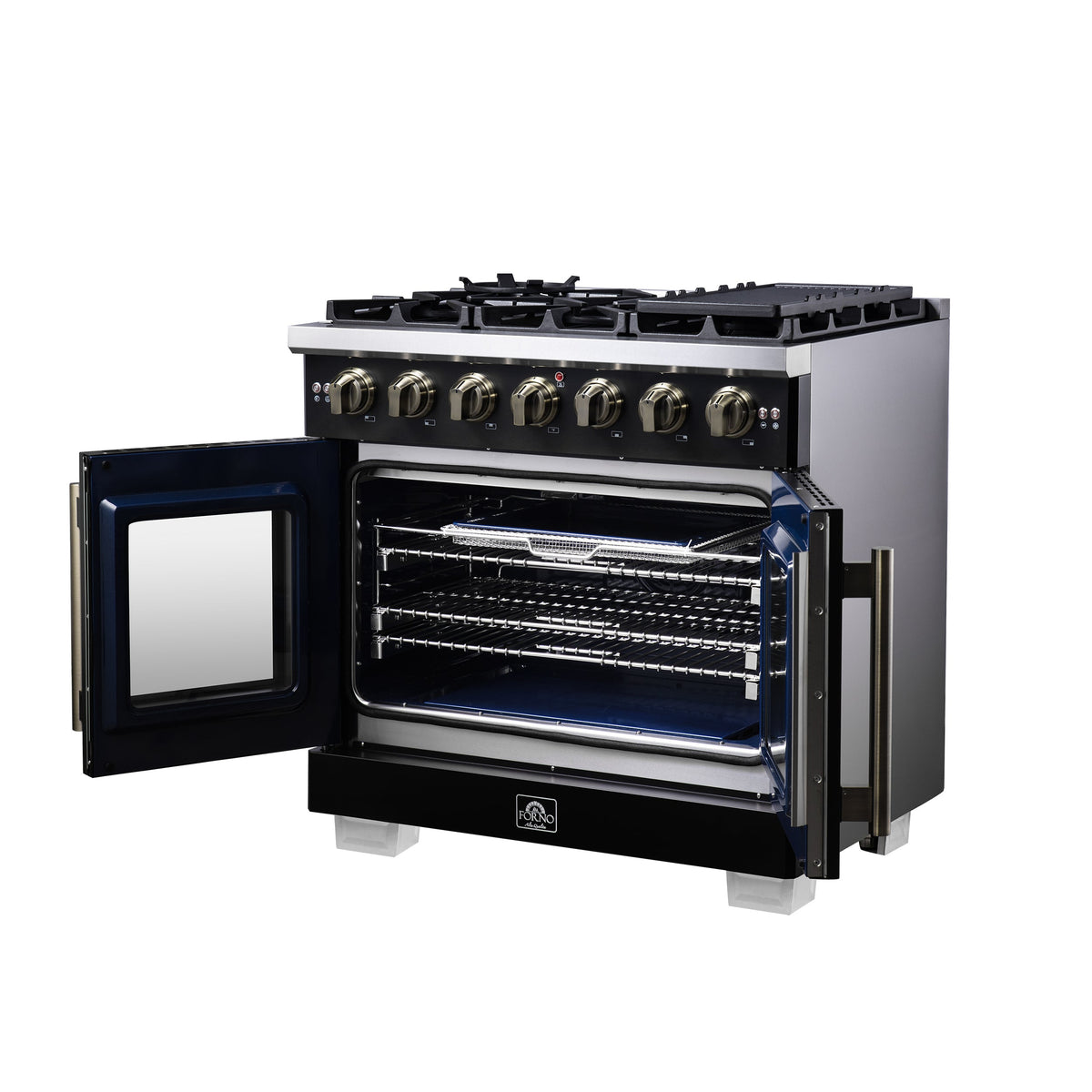 Forno Capriasca 36-Inch Gas Range FFSGS6460-36 – Black – Gas Range FFSGS6460 36BLK Right Side Opened 2025 08 04
